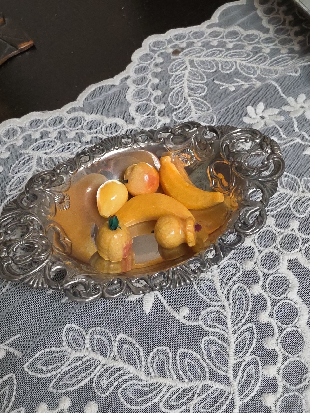 Vtg 1960 Silver Vanity Tray with Yellow Alabaster Ceramic Fruit